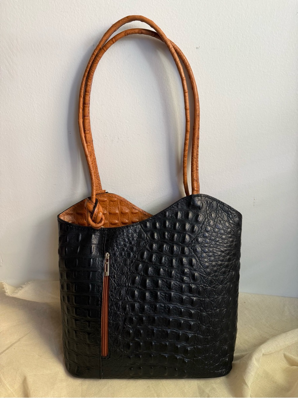 Black Croc Embossed Leather Shoulder Bag Tan Strap Minimal Sculptural Hobo